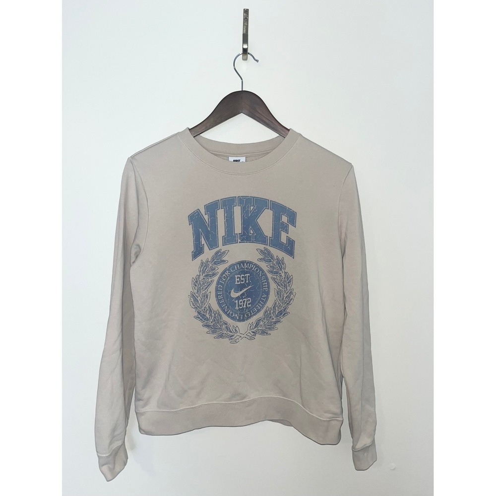 NIKE Womens Sportswear Club Fleece Cream Blue Crewneck Pullover Sweatshirt Small